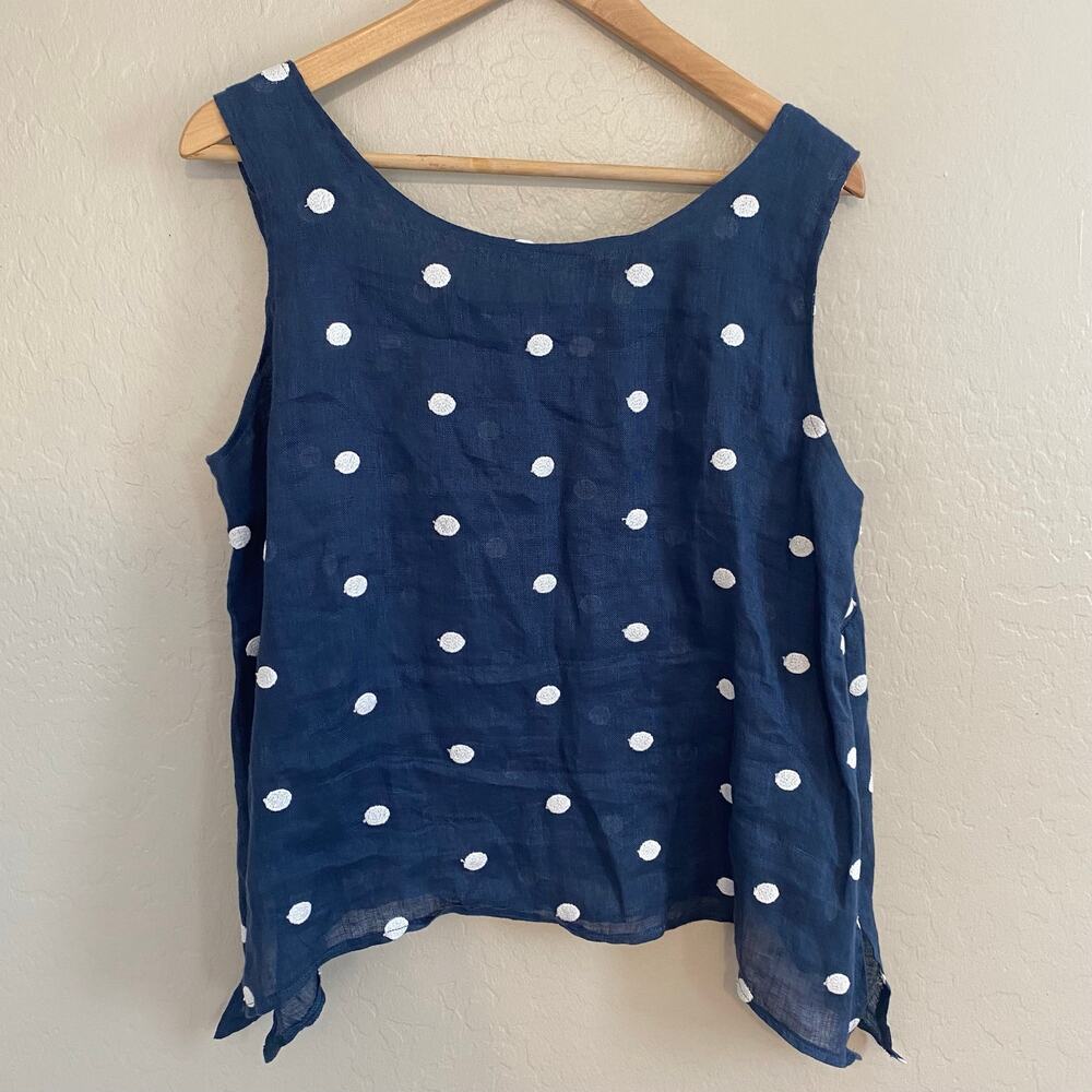 Sartoria Saracena 100% Linen Tank Top Large XL Polka Dots Navy White Coastal - Picture 2 of 5